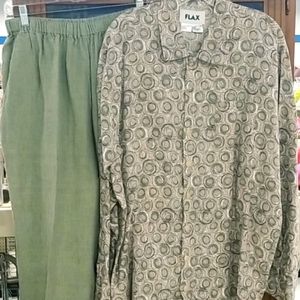 FLAX Women 100% Linen Shirt Crop Pants Set Sz S/M